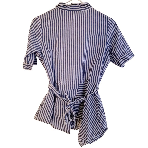 AND Small Striped Cotton WrapTop ShortSleeve TieWaist Blouse Collar Asymmetrical - Picture 2 of 5